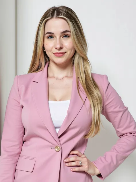 chiara, wearing a pink suit, white background, photoshoot