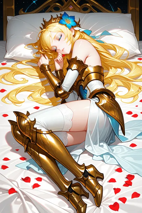 masterpiece, best quality, absurdres,
<lora:SmiteAphrodite:1.0>
SmiteAphrodite, 1girl, long hair, blonde hair, blue eyes, armor, flower, looking at viewer, sleeping in a bed, rose petals, closed eyes, full body