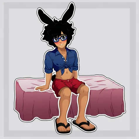 curtis pendragon, dark skin, gray big eyes, fluffy hair, solo, animal ears, 1boy, hat, sandals, tied shirt, red shorts, male focus, shorts, rabbit ears, glasses, viera, black hair, white background, full body, shirt, simple background, smile, looking at vi...