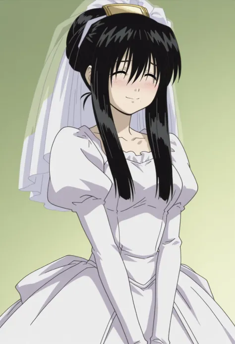 masterpiece, best quality, amazing quality, anime coloring, anime screencap,  1girl, solo, <lora:DX888OhnoIL:1> kanako ohno, black hair,hair bun,  ^ ^ smile, blush, wedding dress , BREAK   dynamic pose, simple background,   green  background gradient backg...