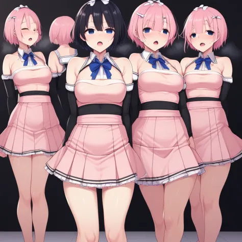 brainwash, blue panties, apron, feet, saliva, skin tight, condom belt, closed eyes, choker, skirt, black skirt, leotard, pink dress, school uniform, underboob, bare shoulders, combatant