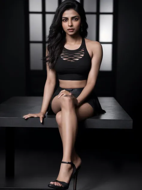 Dramatic photograph of Aanya_Patel_P_MXAI , provocative, classy skirt, sexy lacing black tank top,  stiletto shoes, smoke in the background, seated on a table, crossed legs, shadows, provocative makeup, intense gaze,