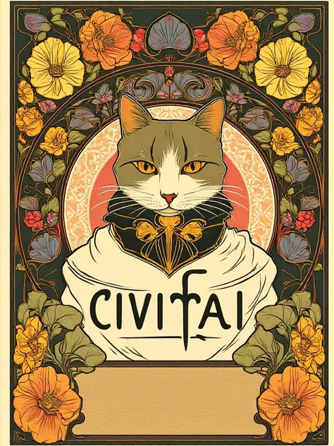 <lora:Art_Nouveau_Style:0.9> art nouveau style, a cat, flowers, text says "CIVITAI"