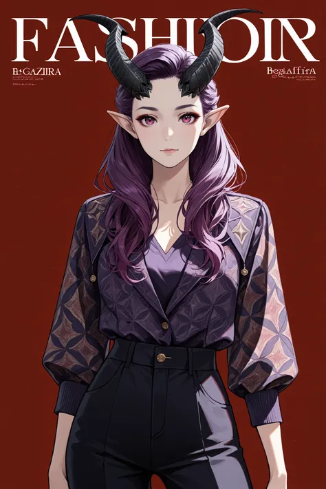 masterpiece, best quality, absurdres,
<lora:BGAlfira:1.0>
BGAlfira, 1girl, demon horns, purple hair, long hair, pointy ears, looking at viewer, fashion, magazine cover