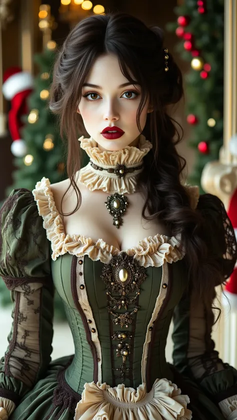 a young woman with an ethereal, almost otherworldly appearance. She has porcelain skin, large, expressive brown eyes, and full, red lips. Her long, dark brown hair cascades down her back, styled in loose, flowing waves. She is dressed in an elaborate, Vict...