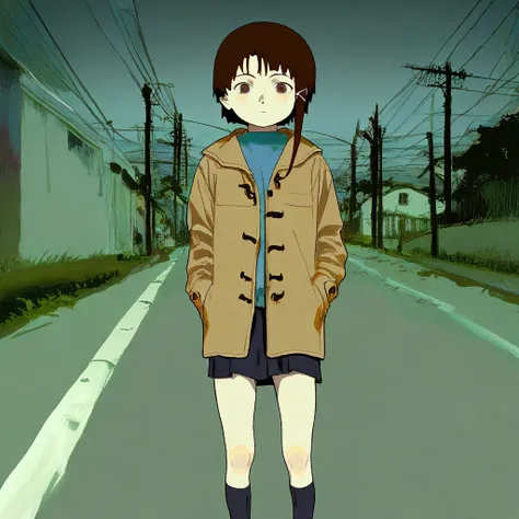 photogenic, masterpiece, 1440p, 8k, UHD, amazing quality, high resolution, Iwakura-Lain, 1girl, solo, brown hair, brown eyes, asymmetrical hair, short hair, hairclip, hair ornament, coat, looking at viewer, skirt, outdoors, kneehighs, standing, power lines