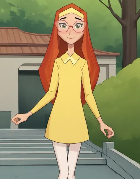 score_9, score_8, score_7, BREAK, <lora:Honey_Lemon_-_Big_Hero_6_Animated_Series:0.8> honey lemon, red hair,long hair, red glasses, green eyes,yellow dress, white pantyhose, small breasts, yellow headband, looking at viewer, light smile, outdoors, park, ea...