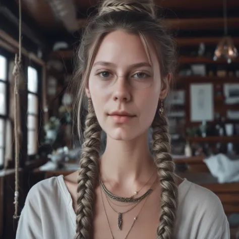 1girl, solo, looking at viewer, single braid, closed mouth, straight dark-brown hair, indoors, lips, jewelry