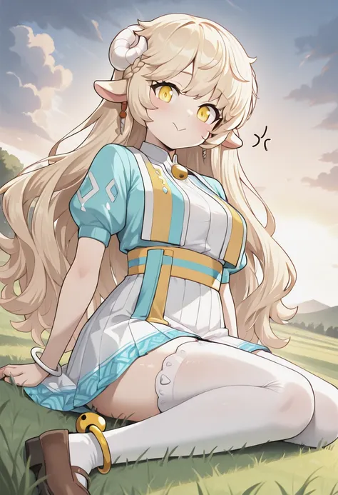 masterpiece,best quality,absurdres,perfect lighting,grasslands,sky,cloudy sky,
*//*,<lora:Lara_Illustrious:1>,lara,blonde hair,long hair,white horns,yellow eyes,sheep ears,skirt,white thighhighs,puffy short sleeves,brown shoes,earrings,anklet,bell,
*//*,lo...