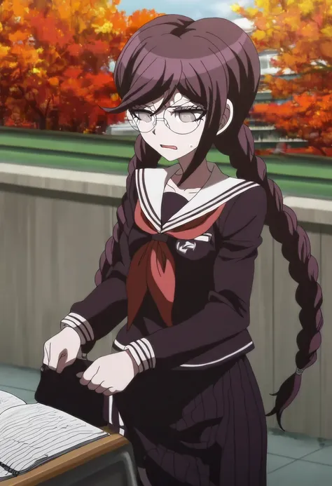 (((solo))), masterpiece, best quality, very aesthetic,  modern, modern anime,  newest, absurdres, highres, long shot , neutral expression  , (((solo))),danganronpa_(series),<lora:Toko_Fukawa_Illustrious:1>,  This anime screencap is from Danganronpa the Ani...