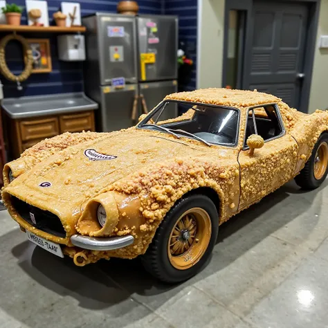 An entire sports car transformed into a golden-crusted novelty. The sleek, full-sized automobile, carefully battered and deep-fried while preserving its aerodynamic shape, creates an extraordinary display of carnival absurdity taken to the extreme. The ext...