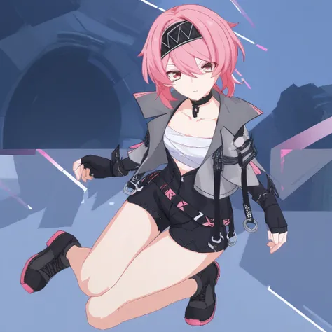 Fuchsia, pink hair, black hairband, bangs, fingerless gloves, short hair, open jacket, black choker, hair between eyes, shoes, black footwear, collarbone,