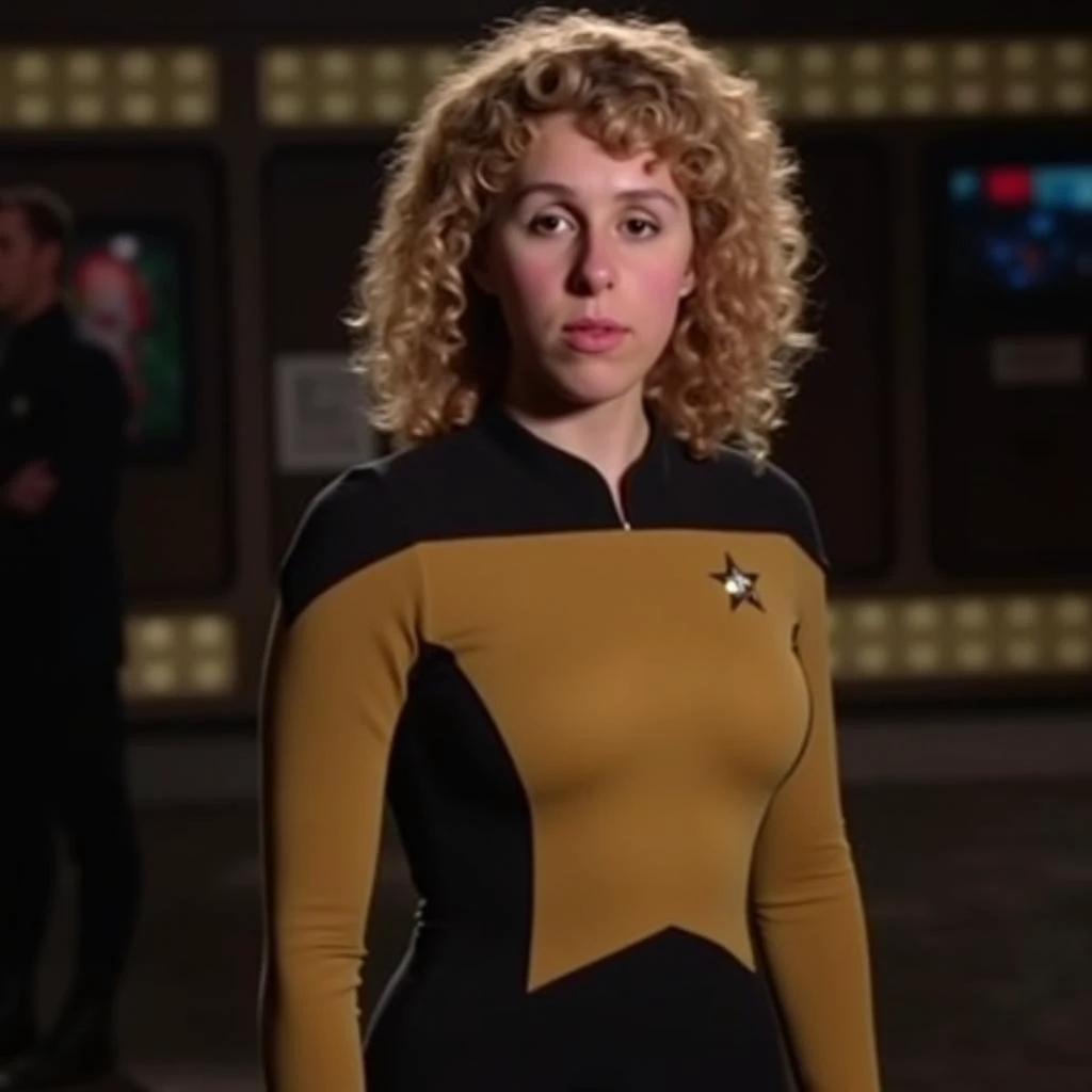 psyche(Person), Psycheswings (Person), @psychedwings, Photo of a woman with curly blonde hair,  wearing a beige and black Starfleet uniform with a gold star emblem on the chest. She is standing in a dimly lit room with a blurred background. The lighting is...