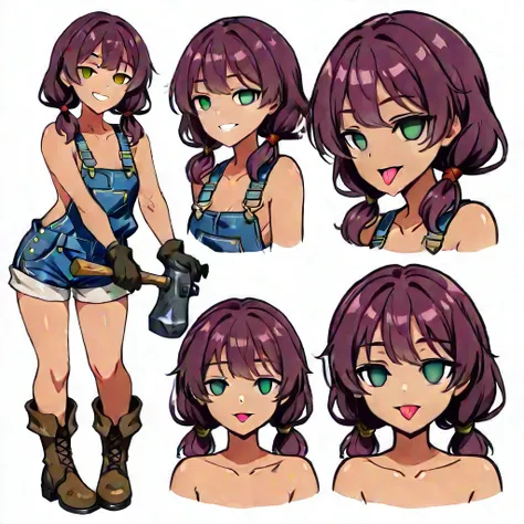 open mouth, gloves, 1girl, twintails, bare shoulders, hammer, tongue, overalls, breasts, collarbone, low twintails, smile, looking at viewer, dark-skinned female, white background, grin, multiple views, empty eyes, naked overalls, blush, tongue out, brown ...