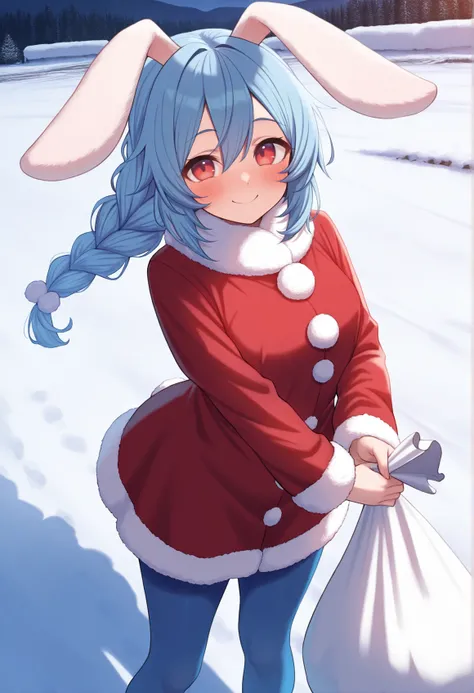 highres, best quality, masterpiece, outdoors, snow,
solo, 1girl, ojaru, blue hair, red eyes, rabbit ears, long hair, braid,
red dress, long sleeves, fur trim, blue pantyhose,
looking at viewer, blush, smile,
standing, holding sack,
<lora:_aru_oj-elesico-il...