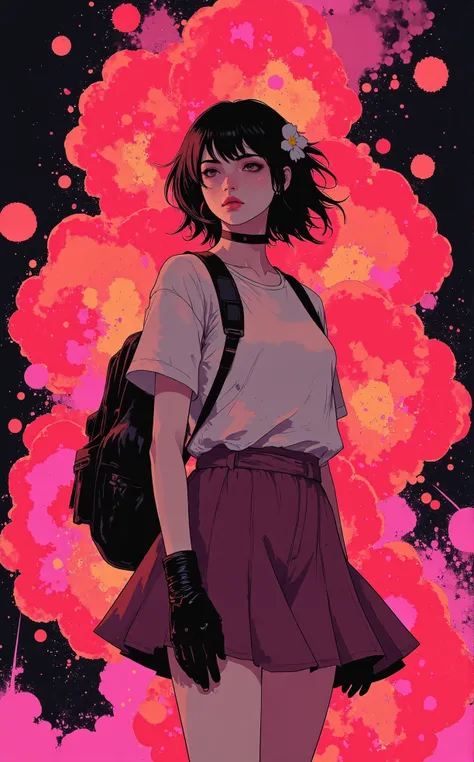 Off-center composition, right-aligned dynamic composition, The image is an illustration of a young girl with dark hair and a white flower in her hair. She is standing in front of a large explosion of red and pink flames. The girl is wearing a white t-shirt...