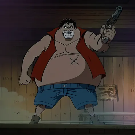 demaro buraku, standing, holding gun, red shirt, angry, clenched teeth, open shirt, collared shirt, grin, sleeveless shirt, constricted pupils, blue shorts, boots, fullbody, indoors