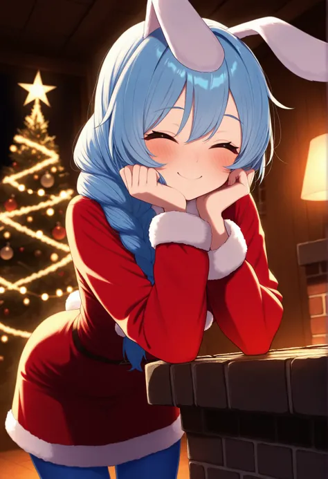 highres, best quality, masterpiece, indoors, dark, lights,
solo, 1girl, ojaru, blue hair, rabbit ears, long hair, braid,
red dress, long sleeves, fur trim, blue pantyhose,
looking at viewer, blush, smile, closed eyes, upper body, 
leaning forward, hands up...