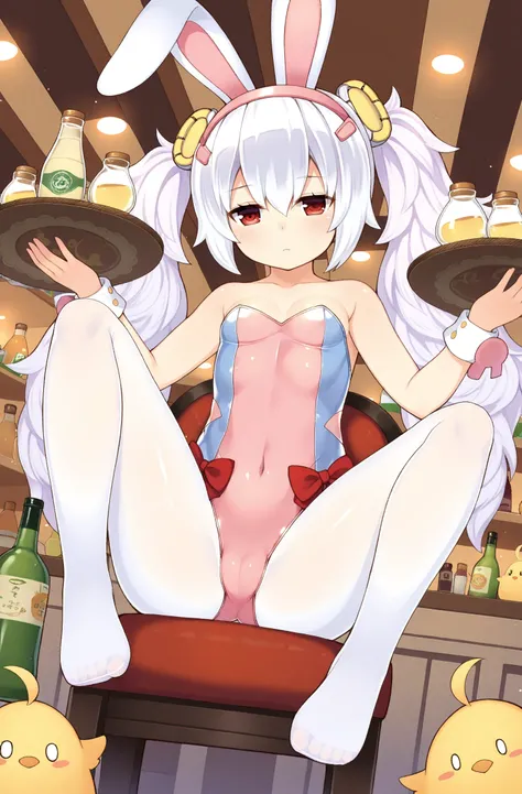 masterpiece, best quality, Tsubasachyan legacy, 1girl, laffey (azur lane), pantyhose, rabbit ears, animal ears, twintails, white pantyhose, tray, manjuu (azur lane), pink leotard, long hair, playboy bunny, leotard, holding tray, solo, fake animal ears, sma...