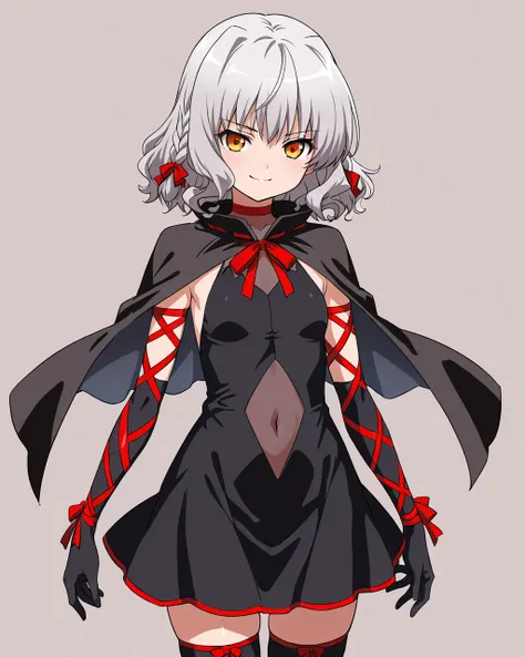 masterpiece, best quality, high quality, 1girl, solo , <lora:10_belc_Il:0.8> bellzephyr, silver hair, short hair, bangs, side braids, red hair ribbons, yellow eyes, battleoutfit, black dress, navel cutout, covered navel, covered collarbone, arm ribbons, bl...