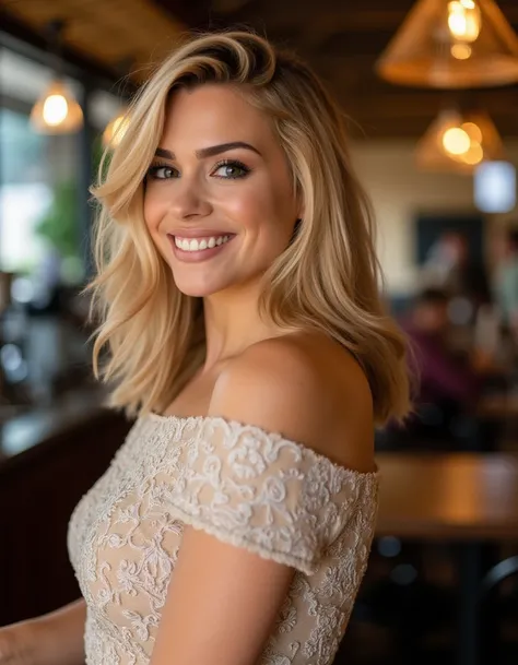 <lora:Billie_Piper_Flux:1> beautiful detailed photograph, shoulder length blonde  hair cascading over her shoulders, makeup, wearing a boatneck dress, standing in a cafe, looking at the viewer, smile