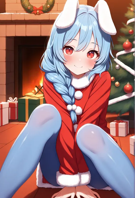 highres, best quality, masterpiece, indoors,
solo, 1girl, ojaru, blue hair, red eyes, rabbit ears, long hair, braid,
red dress, long sleeves, fur trim, blue pantyhose,
looking at viewer, blush, smile,
sitting on floor, christmas tree, christmas ornaments, ...