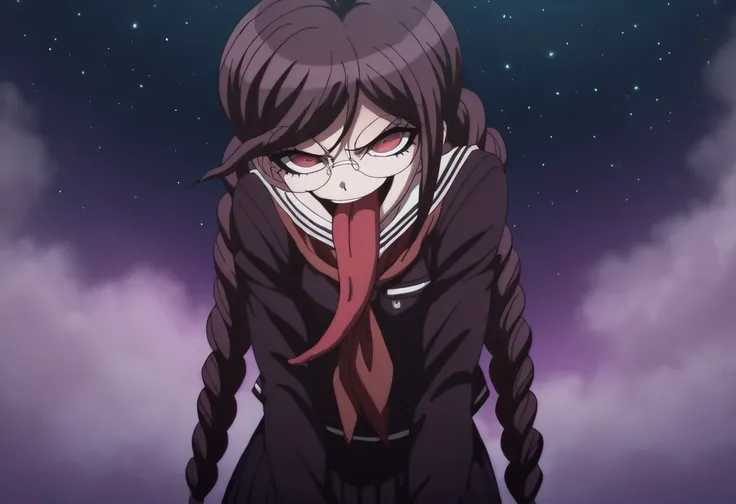 (((solo))), masterpiece, best quality, very aesthetic,  modern, modern anime,  newest, absurdres, highres, waist shot , amused expression  , (((solo))),danganronpa_(series),<lora:Toko_Fukawa_Illustrious:1>,  This anime screencap is from Danganronpa the Ani...