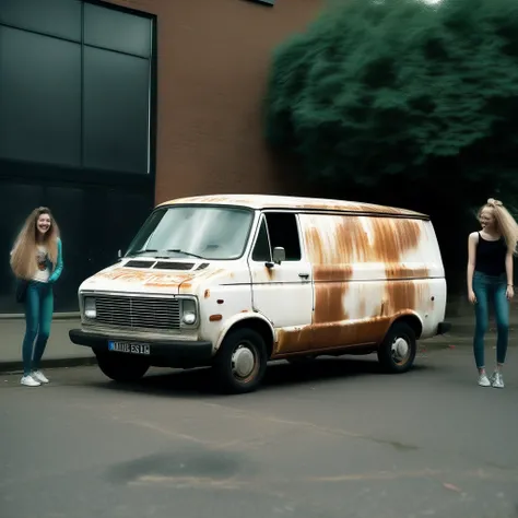 Rusty white van, scruffy paint job, small dents and scratches, parked near a university campus, lots of attractive and beautiful  looking women walking past van, laughing and happy. They are colleges students going to class,