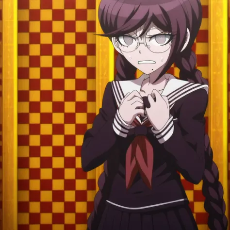 Toko Fukawa wearing her uniform from Danganronpa 1. This is an anime screencap from Danganronpa The Animation. Toko is the focus of the image and she is nervous. Her expression is serious and her left hand is held to her chest. She has long, dark purple ha...