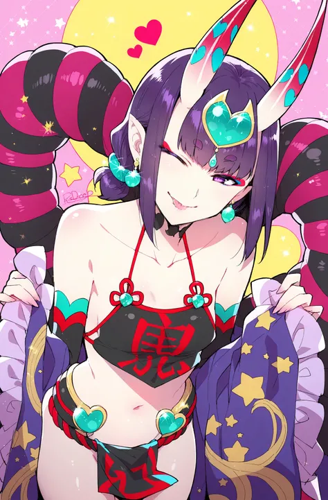 masterpiece, best quality, ReDrop, 1girl, shuten douji (fate), heart, horns, purple hair, dudou, tongue out, chinese clothes, navel, detached sleeves, one eye closed, solo, purple eyes, tongue, skin-covered horns, oni, collarbone, breasts, bare shoulders, ...