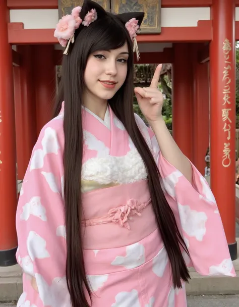 a highly detailed photograph of BunnyGirlBree smiling facing the camera wearing a cute kimono at a Japanese shrine, full body,   <lora:bunnygirlbreefluxd:1>