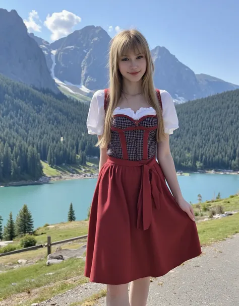 a highly detailed photograph of BunnyGirlBree smiling facing the camera wearing a cute Dirndl as she stands by a lake in the mountains, full body,   <lora:bunnygirlbreefluxd:1>