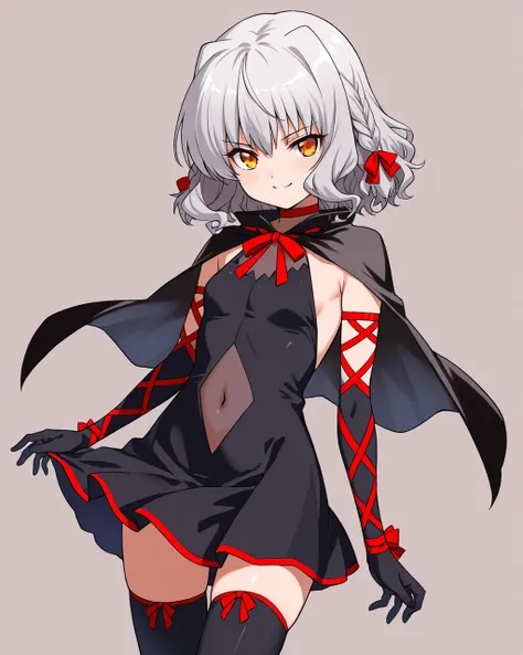 masterpiece, best quality, high quality, 1girl, solo , <lora:10_belc_Il:0.8> bellzephyr, silver hair, short hair, bangs, side braids, red hair ribbons, yellow eyes, battleoutfit, black dress, navel cutout, covered navel, covered collarbone, arm ribbons, bl...