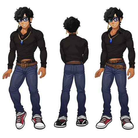 curtis pendragon, dark skin, gray big eyes, black hair, blue glasses, fluffy hair, solo, 1boy, male focus, black hair, glasses, belt, jeans, pants, shoes, sneakers, denim, jewelry, full body, shirt, smile, white background, necklace, dark skin, simple back...