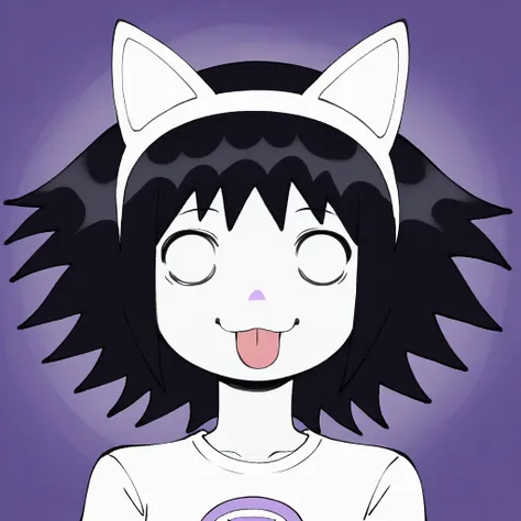 angstrom, cute face, headshot, Kiki Fukuoka, white eyes, no pupils, Colored skin, White skin, Black hair, Spiky hair, animal ears, cat ears, headband, :3, white shirt, round face, tongue out,