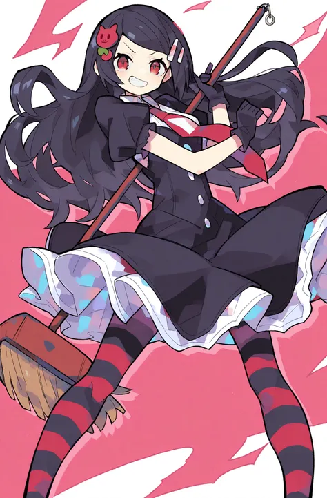 masterpiece, best quality, kocha22 legacy, 1girl, long hair, solo, gloves, black hair, red eyes, smile, necktie, dress, hair ornament, grin, striped clothes, short sleeves, holding, looking at viewer, striped pantyhose, broom