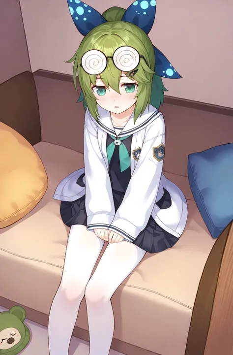 masterpiece, best quality, Tsubasachyan legacy, green hair, 1girl, coke-bottle glasses, white pantyhose, pantyhose, no shoes, skirt, solo, green eyes, pleated skirt, hair between eyes, long sleeves, glasses, eyewear on head, sailor collar, pillow, white sa...