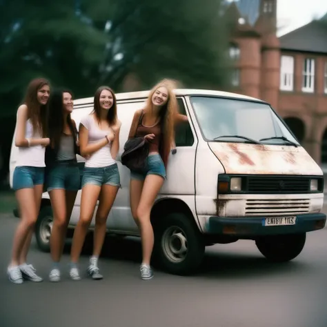 Rusty white van, scruffy paint job, small dents and scratches, parked near a university campus, lots of attractive and beautiful  looking women walking past van, laughing and happy. They are colleges students going to class,