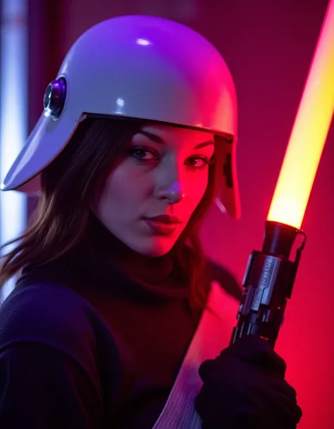 A close-up shot of a beautiful woman wearing a Stormtrooper helmet and holding a blaster, looking mischievously at the camera through the masks visor, colorful lightsaber-like glow emanating from her suit in the background, moody low-key lighting.  <lora:s...