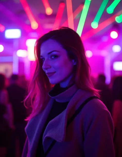 Photo of a beautiful woman standing in front of a colorful laser beam display at an outdoor festival, looking directly at the camera with a confident smile, neon lights reflecting off her skin, vibrant colors, realistic, detailed.  <lora:stoya_512_dev_f1_k...