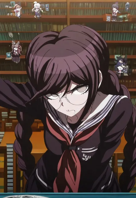 (((solo))), masterpiece, best quality, very aesthetic,  modern, modern anime,  newest, absurdres, highres, isometric view , optamistic expression  , (((solo))),danganronpa_(series),<lora:Toko_Fukawa_Illustrious:1>,  This is an anime screencap from Danganro...