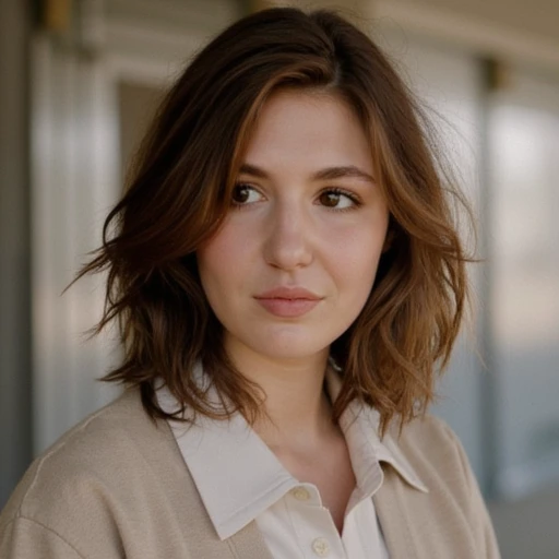 likely in her early twenties. She has medium-length, and a gentle, wavy brown hair. She has a slender build and is dressed in a light-colored, shauna-yj. This photograph captures a young woman with a light skin tone and long, has a fair complexion and shou...