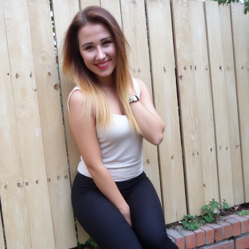 wooden fence, sexy body, creamy wall, sexy nude ass, , smile, brick wall, brown hair, black Leggings