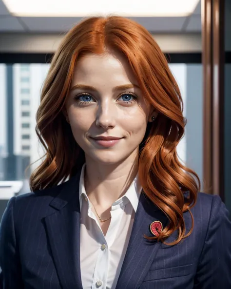 woman, 29 years old, (gailf00n:0.8), strawberry blonde hair, violet eyes, politician, fake smile, professional suit, inside office, giving talking head interview, cable news broadcast, looking at viewer, front shot