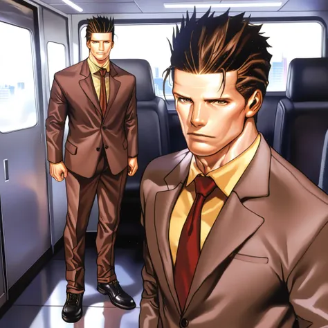 masterpiece, best quality, amazing quality, very aesthetic, absurdres, newest, jhunterilxl, 1boy, male focus, hair slicked back, brown hair, brown suit, red necktie, yellow shirt, black shoes, toned male, brown eyes, mature male, tall