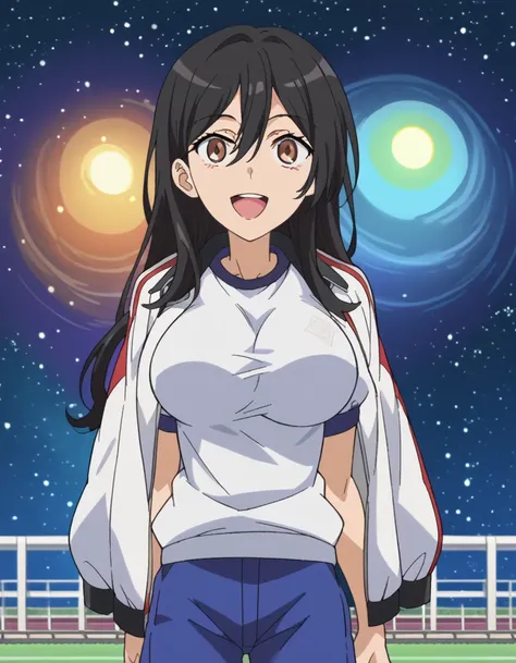 score_9, score_8_up, score_7_up, source_anime, <lora:seiri-fukiyose-indexs2-ponyxl-lora-nochekaiser:1>, seiri fukiyose, long hair, black hair, brown eyes, hair between eyes, anime screencap,, large breasts, shirt, jacket, shorts, gym uniform, blue shorts, ...