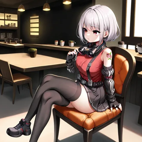 belorta, black thighhighs, black skirt, red shirt, suspenders, bare shoulders, black arm sleeves, fingerless gloves, wearing binoculars on neck, black-high-collar, shoes, sitting, legs crossed, cafe background, chair, shoulder tattoo,