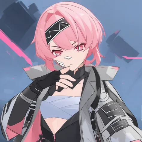 Fuchsia, pink hair, black hairband, bangs, fingerless gloves, short hair, open jacket, black gloves, sarashi, bandages, open clothes, pink eyes, bandaid on face,