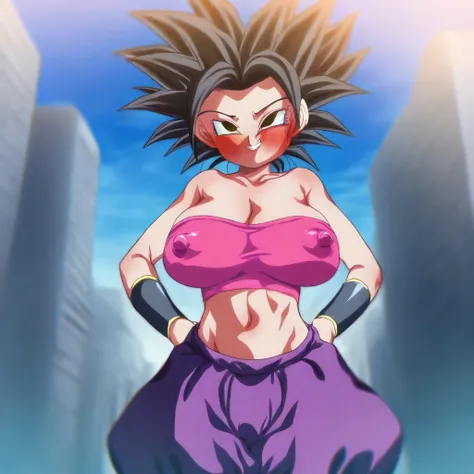 Rom@_ArtStyle, 1girl, black hair, spiked hair, sharp eyes, eyebrows, midriff, strapless, pink tube top, navel, purple pants, puffy pants, bracer, cleavage, smile, blush, covered nipples, big nipples, hands on hips, cowboy shot, outdoors, city, sky, looking...