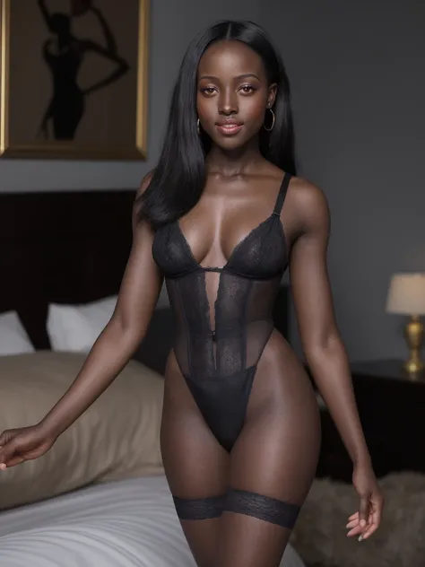 Dramatic photograph of Nia_Mensah_P_MXAI wearing sexy lingerie, in a bedroom, bed in the background,flirty smile, walking towards the viewer, dim golden light